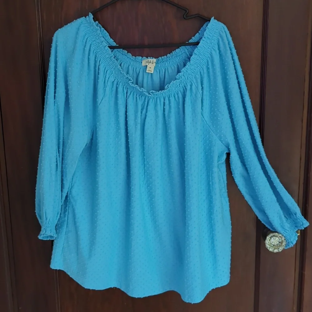 Style & Co Blue Swiss Dot Textured 3/4 Sleeve Blouse Size 2X